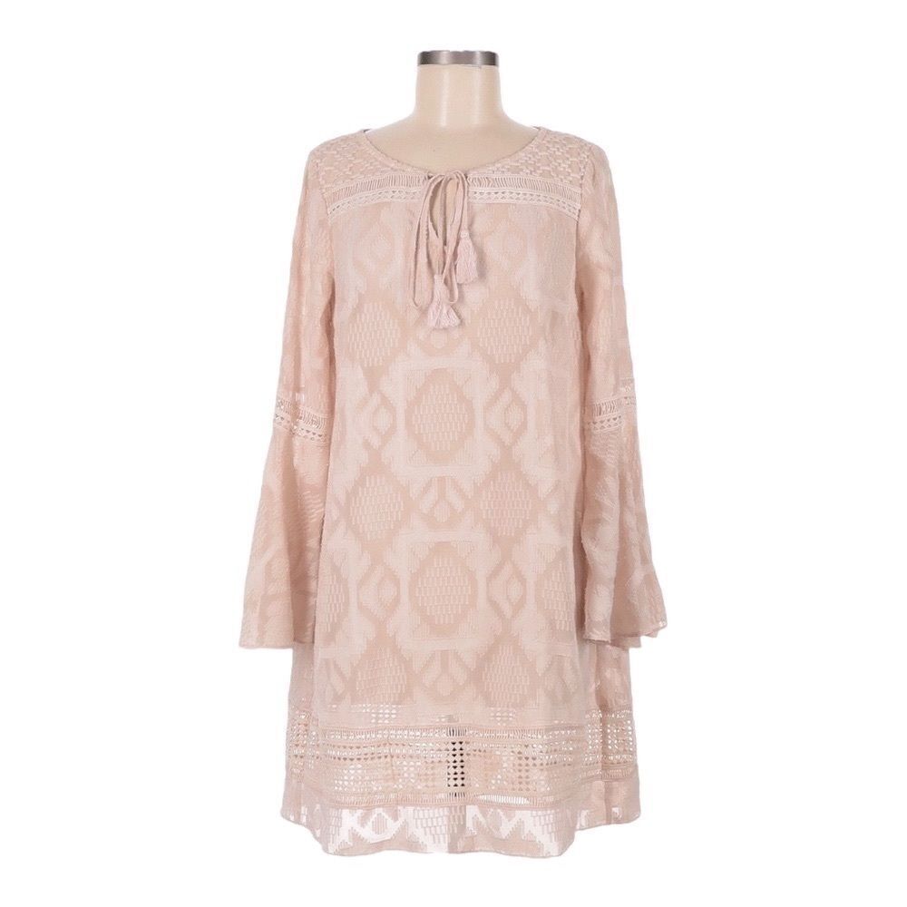 Floreat Anthropologie Boho Tunic Dress Pink Textured Bell Sleeve Lace Tassel 2